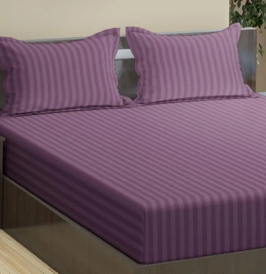 Trance Home Linen 100% Cotton 78x36 inch Single Fitted 200TC Satin Stripe Elastic Fitted Bedsheet with 1 Pillow Covers Colour Plum