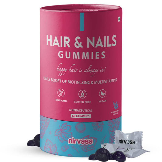 Nirvasa Hair & Nail Gummies with Biotin (60 Gummy) | Supports Healthy Hair, Strong Nails & Glowing Skin | Sugar-Free, Mixed Berry Flavor | Ideal Daily Supplement for Men & Women
