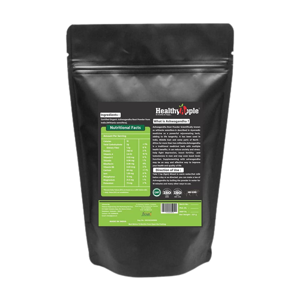 Healthy Apple Organic Ashwagandha Root Powder | 4oz Resealable Kraft Bag | 100% Raw from India