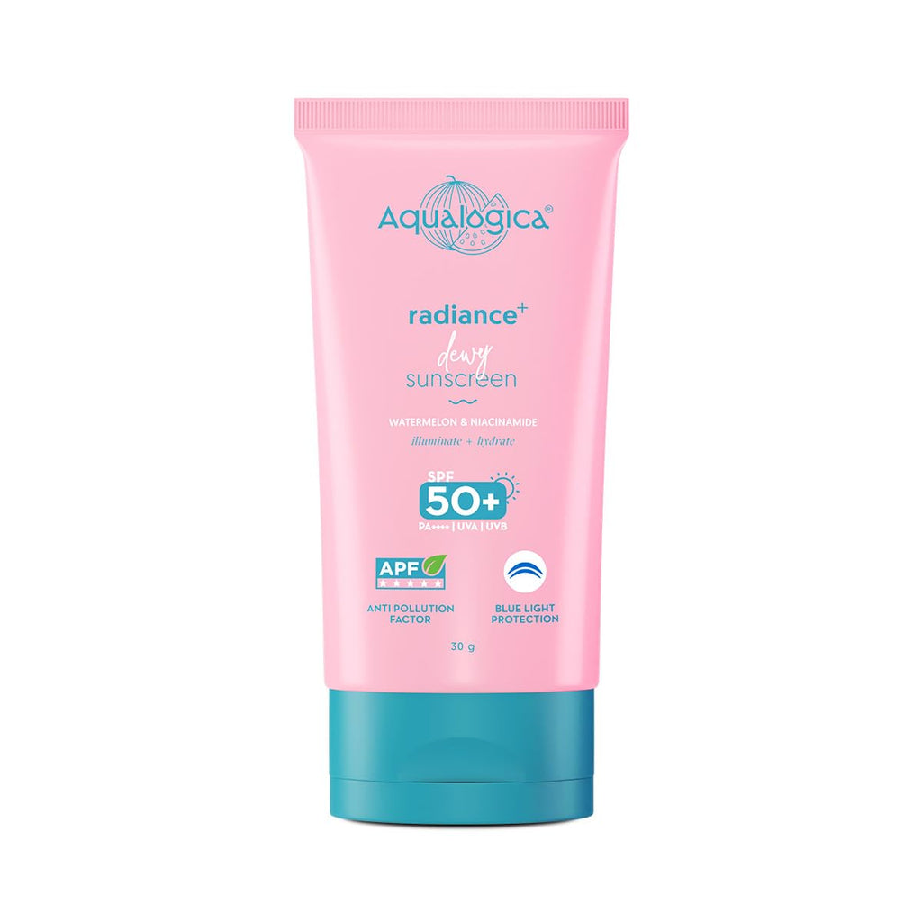 Aqualogica Radiance+ Dewy Sunscreen Gel SPF 50+ PA++++ | Lightweight texture for oily , combination , acne prone skin | Broad spectrum protection | In-vivo Tested | No white cast , Non greasy | For Men & Women | 30g