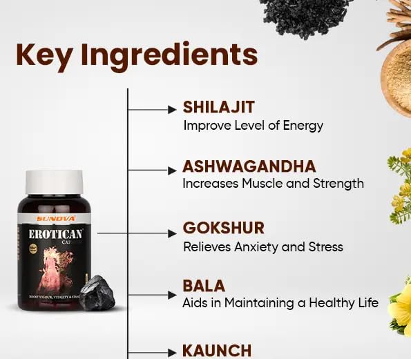 SUNOVA EROTICAN Caspules - Shudh Shilajit, Aswagandha, Gokshura,Bala and Kaunch for Strength, Performance & Muscle building