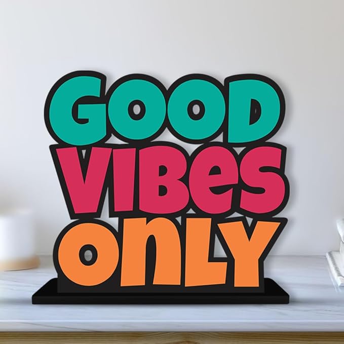 Artvibes Wooden Idols and Figurine Good Vibes Only Motivational Quotes Table Decoration for Office Desk | Home Decor Item