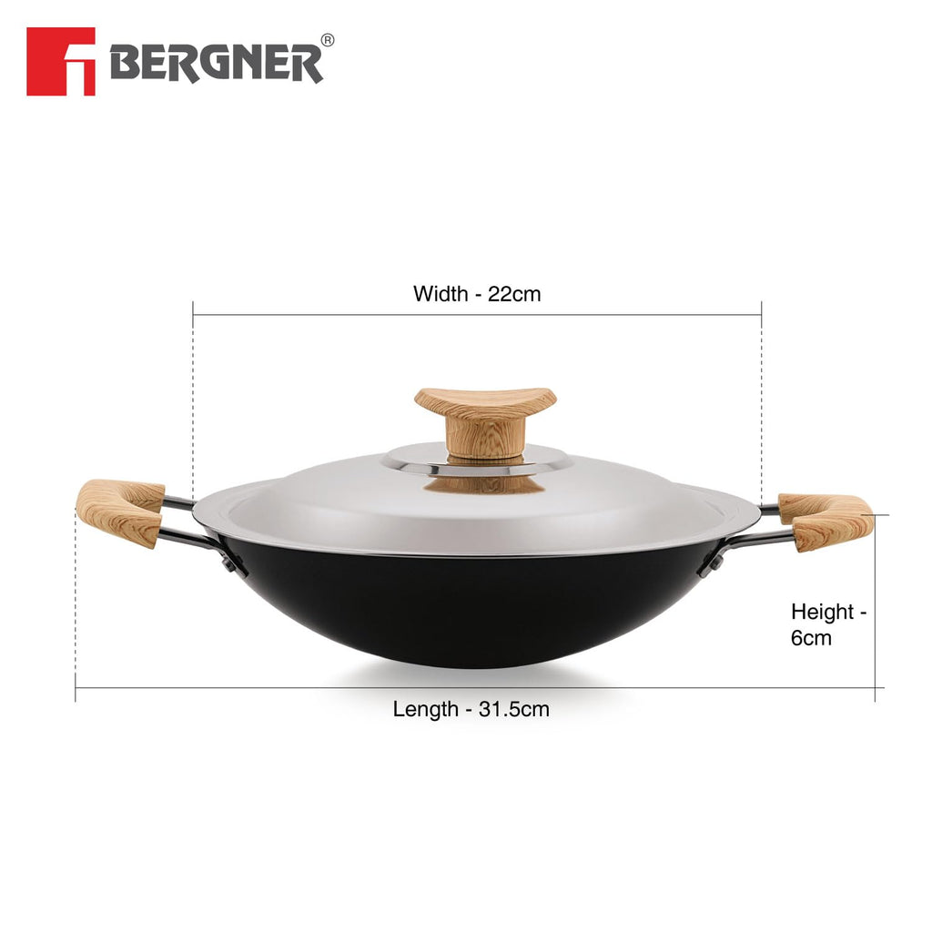 Bergner Bellini Plus Aura 5-layer Non-stick 20 Cm Appachetty With Stainless Steel Lid, Wooden Finish Soft Touch Handle