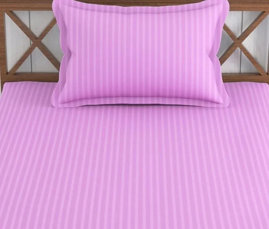 Trance Home Linen 100% Cotton 78x36 inch Single Fitted 200TC Satin Stripe Elastic Fitted Bedsheet Bedspread with 1 Pillow Covers Colour Pink