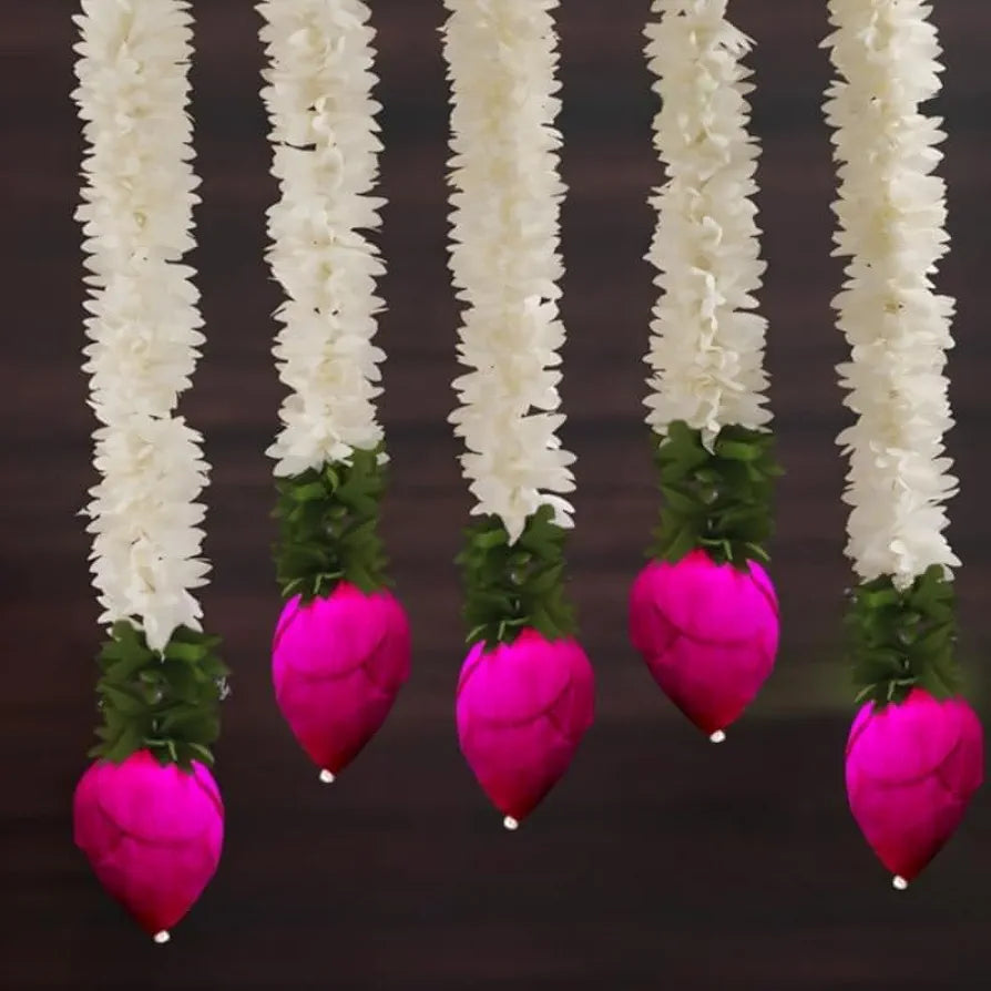 Garlands for Home Decoration Lotus Hangings  Offwhite Fabric & Solawood Lotus Buds Flower Garlands Pack of 5