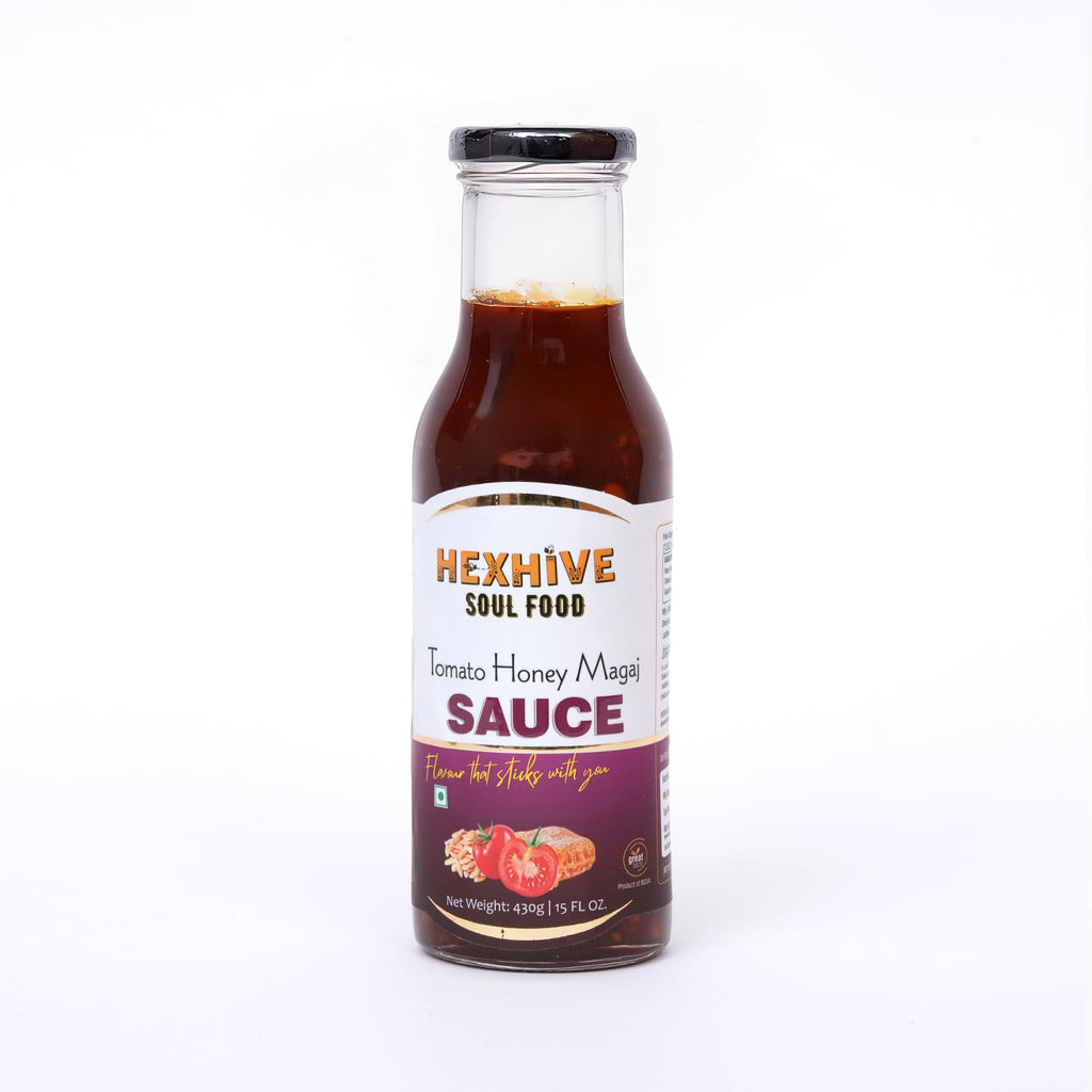 Hexhive Tomato Magaj Honey Sauce | Sweet & Tangy Tomato Spread with Raw Honey & Melon Seeds | No Refined Sugar | Healthy Dip & Spread for Snacks, Parathas, Sandwiches, Fries | 430g
