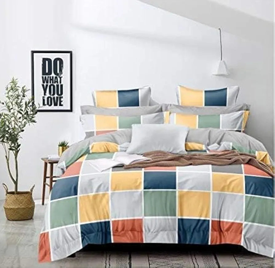 The Home Style Cotton Feel Glace Cotton Checkered Printed King Size Double Bed Bedsheet With 2 Pillow Cover 300 TC Vibrant Checks