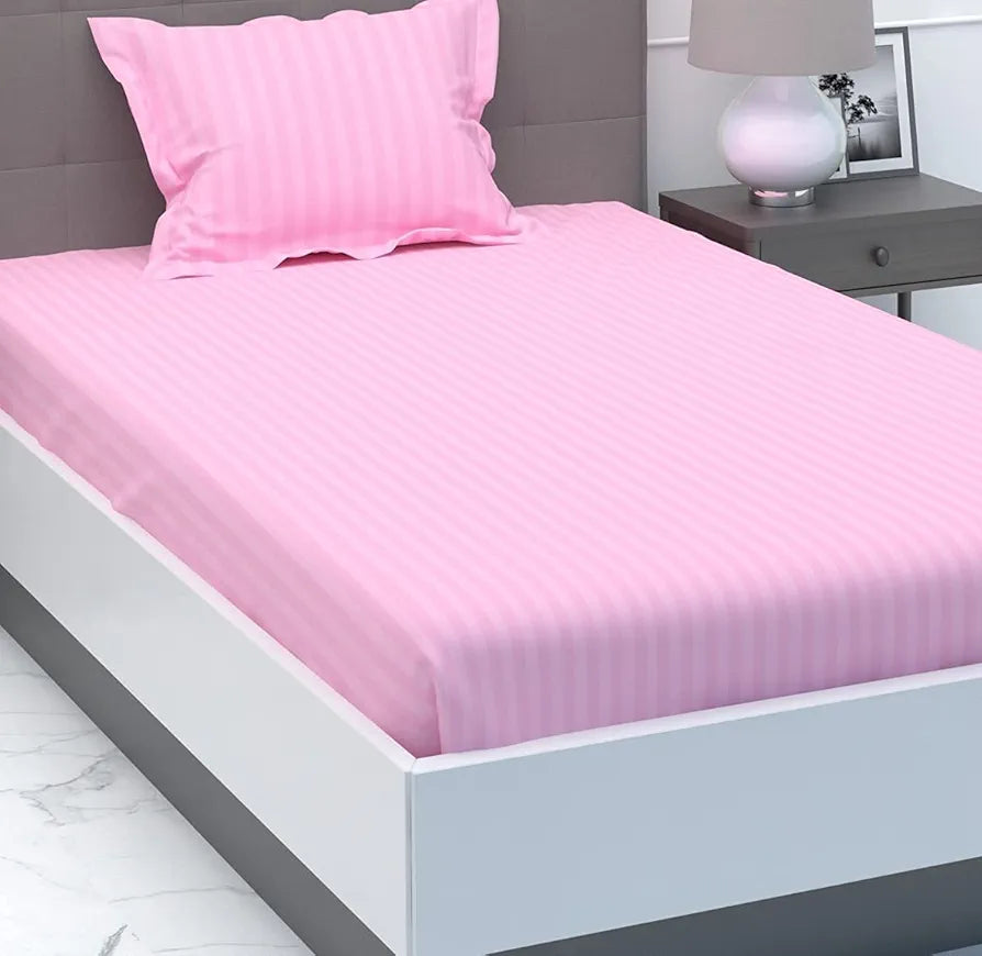 Purav Light Microfiber Flat Single Bed Bedsheet Plain Striped Cotton Bedsheet with 1 Pillow Cover for Queen Size Bed 340 TC Breathable Pink