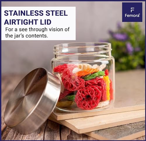 Femora Kitchen Storage Jars Borosilicate Glass With Steel Lid Air Tight Kitchen Jar and Container | 1100 Ml | Pack of 6