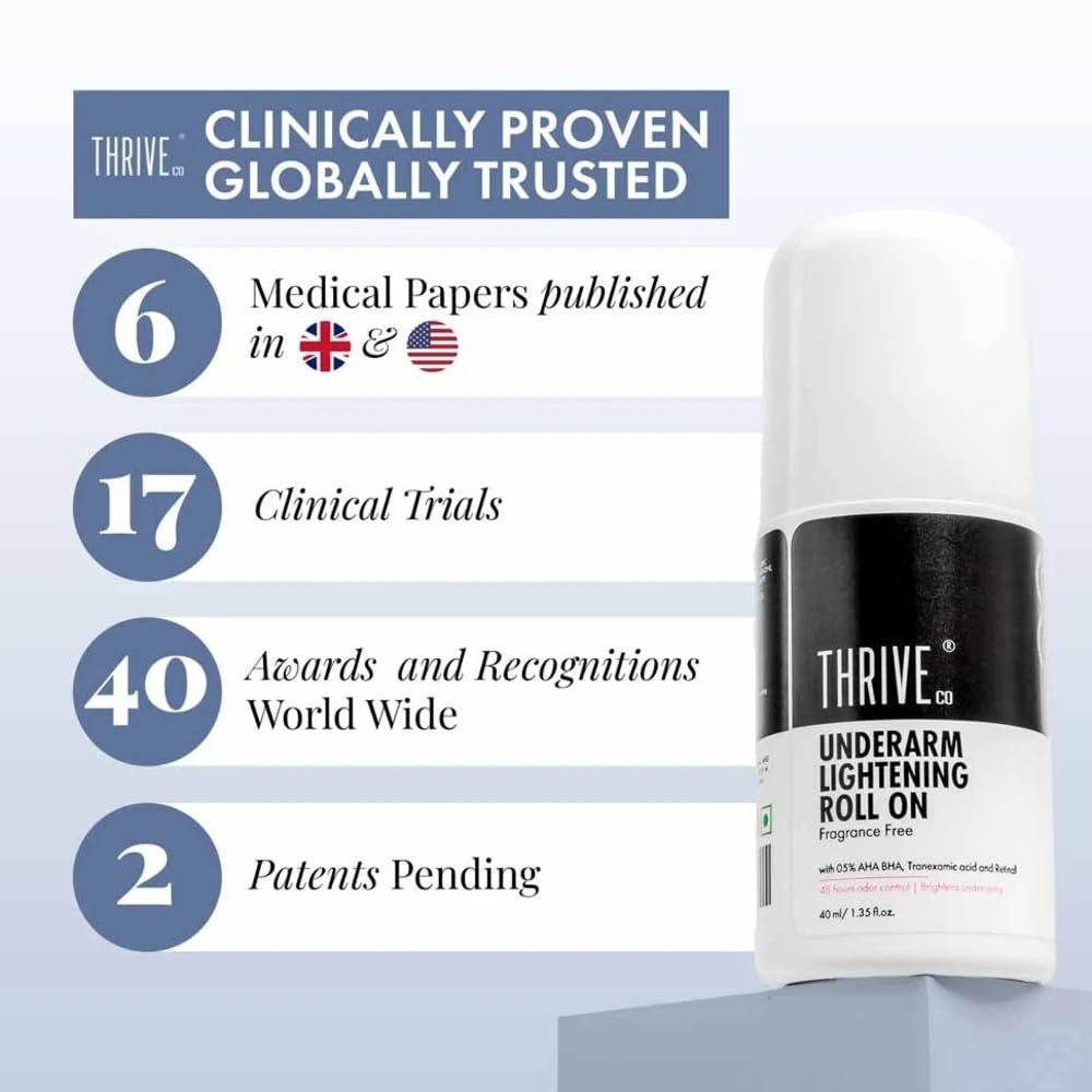 ThriveCo Underarm Lightening Roll-On with 5% AHA BHA, Tranexamic Acid & Retinol â€“ 24H Odour Control, Brightens Underarms & Reduces Discolouration for Smooth & Even Skin, For Men & Women, 40 ml