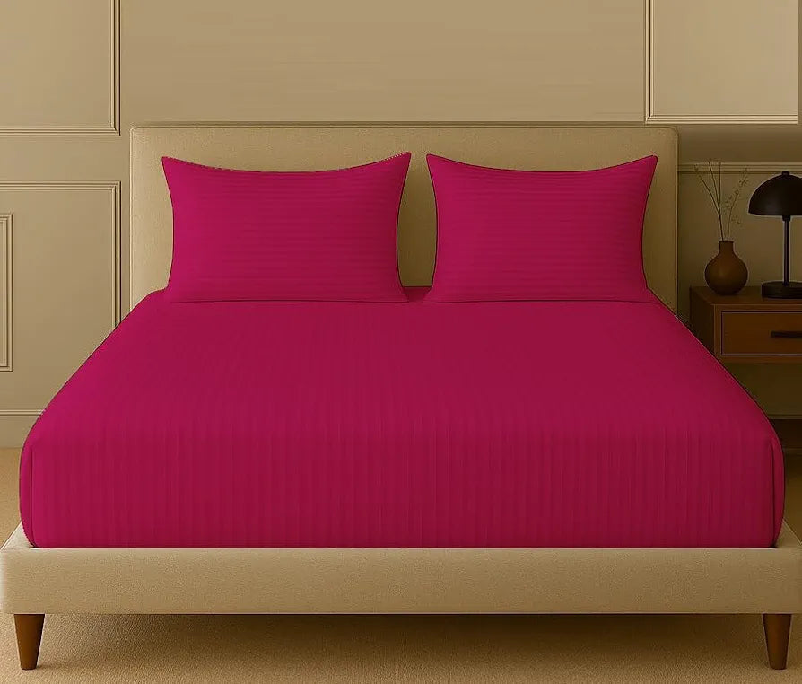 Trance Home Linen 100% Cotton 78x66 inch 200TC Satin Stripe Elastic Fitted Bedsheet Daily Use Double Bed Fitted Bedspread with 2 Pillow Covers Colour Dark Pink