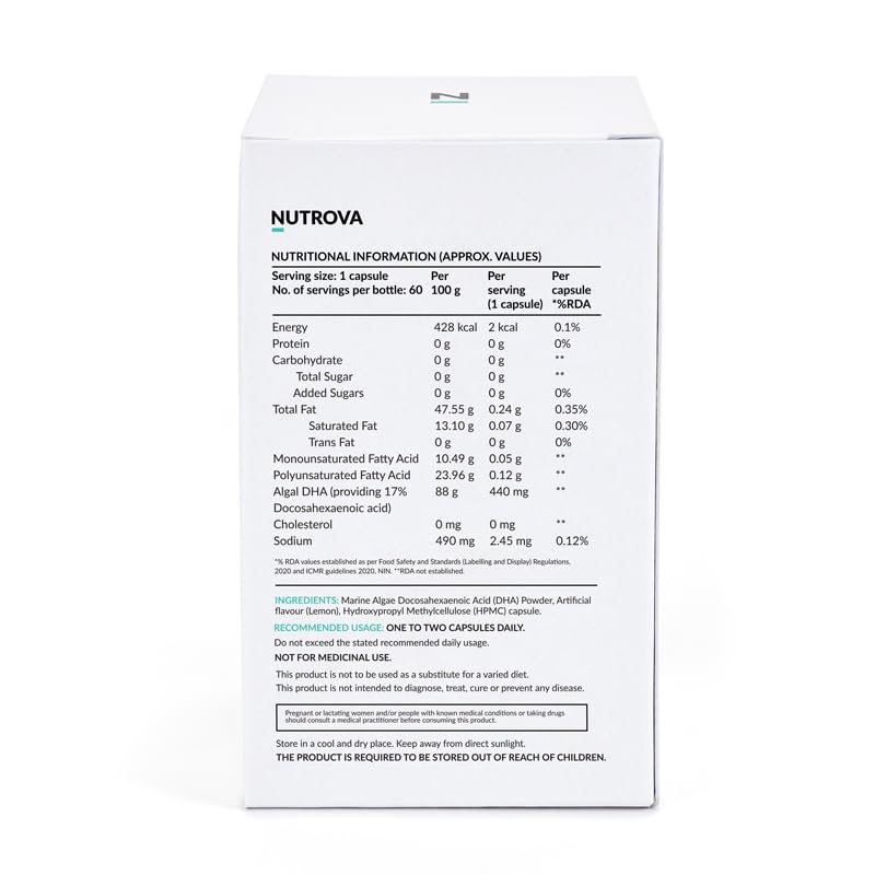 NUTROVA Complete Omega 3 Vegan and Gelatin-Free 60 capsules with Marine Algal Extract Containing 17% vegan-sourced DHA â€“ Supports Cardio Health, Skin & Hair etc - Ideal for Vegans & Vegetarians
