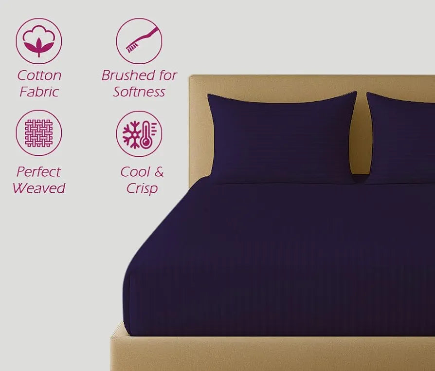 Trance Home Linen 100% Cotton 78x60 inch Queen Fitted 200TC Satin Stripe Elastic Fitted Bedsheet with 2 Pillow Covers Colour Dark Purple