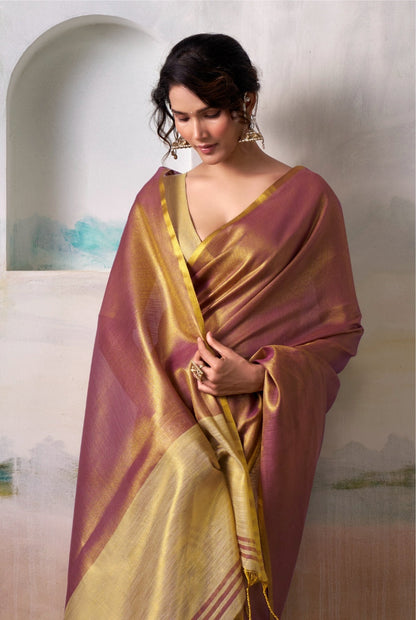 Anaita Pink Gold Handloom Tissue Silk Self Woven Plain Saree