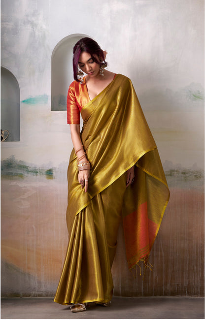 Anaita Pink Gold Handloom Tissue Silk Self Woven Plain Saree