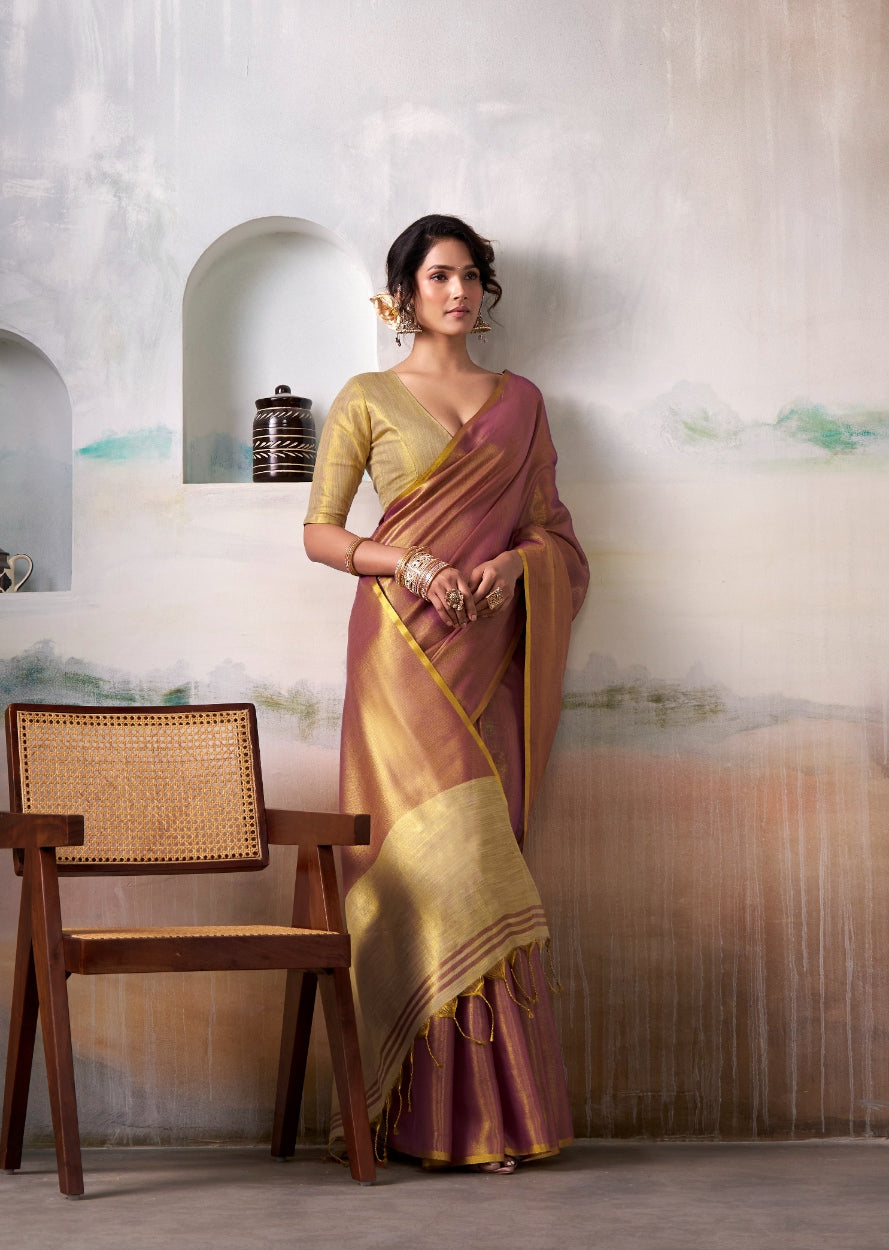 Anaita Pink Gold Handloom Tissue Silk Self Woven Plain Saree