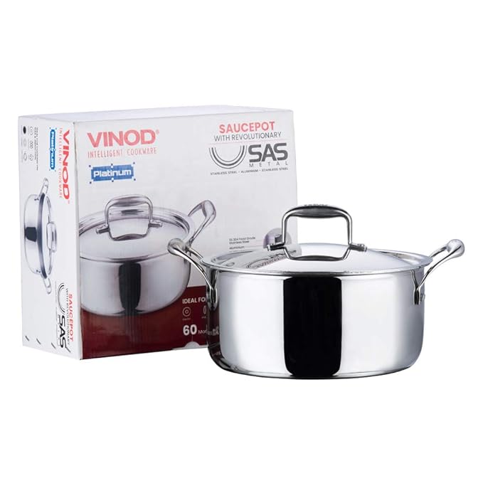 Vinod Platinum Triply Stainless Steel Saucepot With Lid | 3 Litres | 20 Cm | 2.5mm Thick