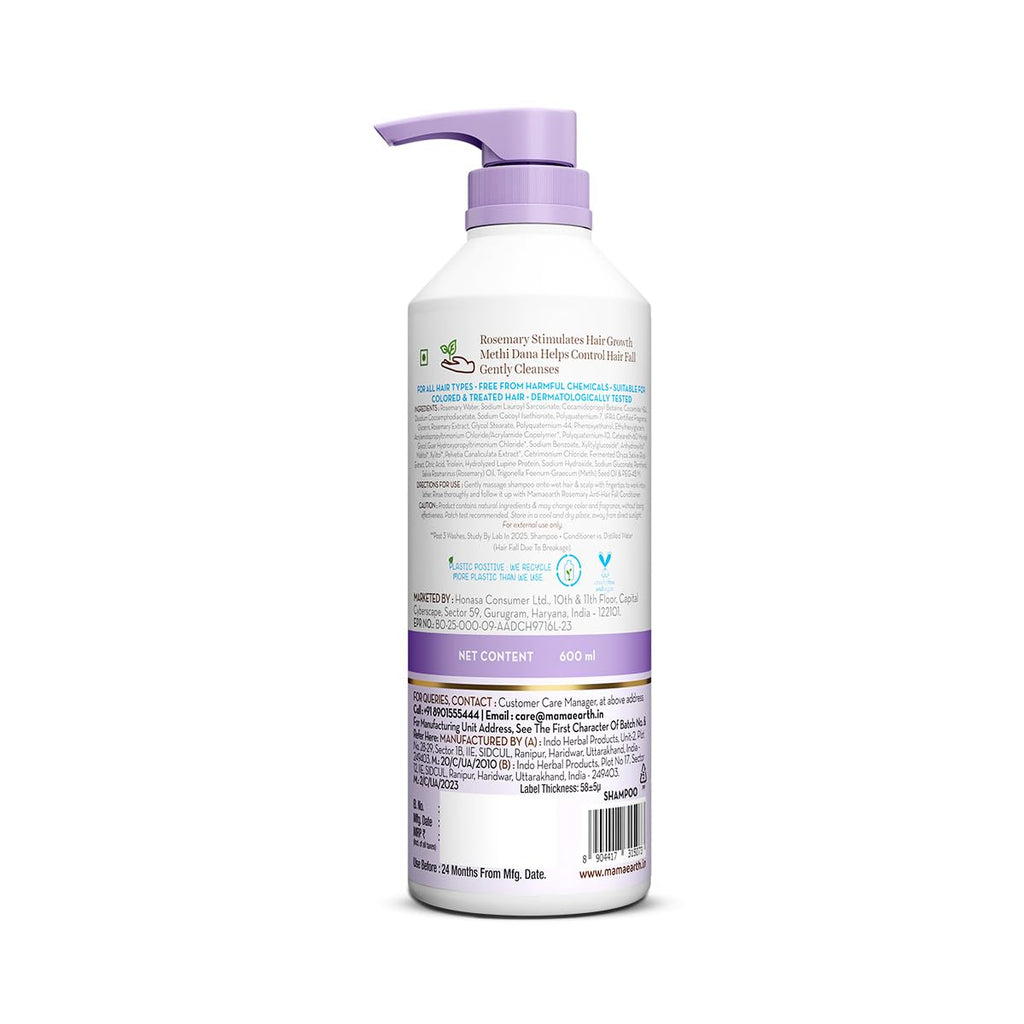 Mamaearth Rosemary Anti-Hair Fall Shampoo With Rosemary & Methi Dana For Reducing Hair Loss & Breakage,Gives Up To 94% Stronger Hair,Up To 93% Less Hair Fall |Sulphate Free Shampoo |For Unisex,600 Ml