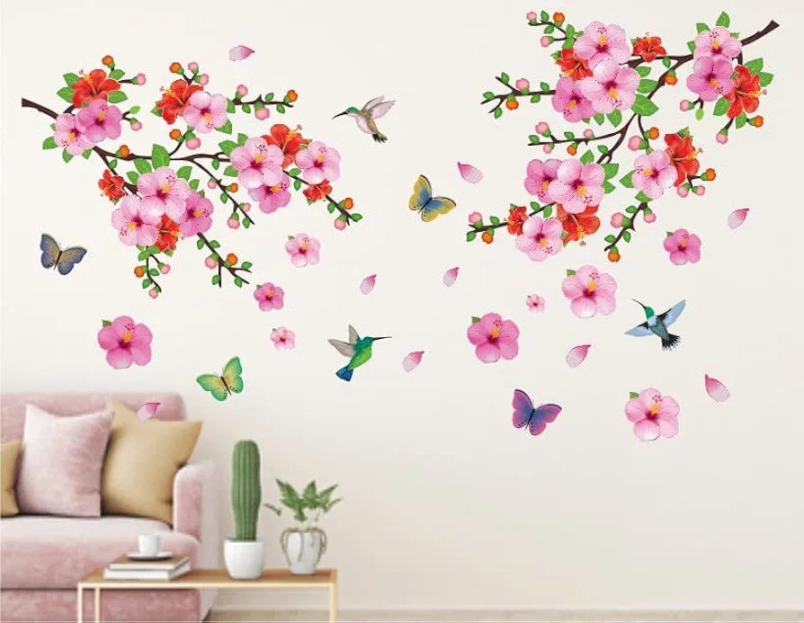 Heaven Decors Vinyl Branches with Flowers and Birds Flying Large Peel and Stick Wall Sticker Multicolour