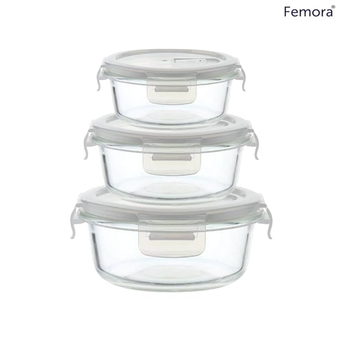 Femora Borosilicate Glass Containers for Kitchen | Storage Box for Kitchen With Air Vent Lid | Set of 3 | 380 Ml, 580 Ml, 940 Ml