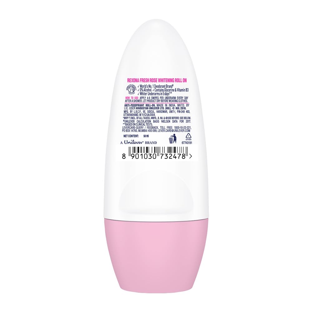 Rexona Fresh Rose Underarm Roll On Deodorant For Women, Antiperspirant With Glycerine, Removes Odour, Keeps Skin Fresh & Clean, Alcohol Free, 50 ml