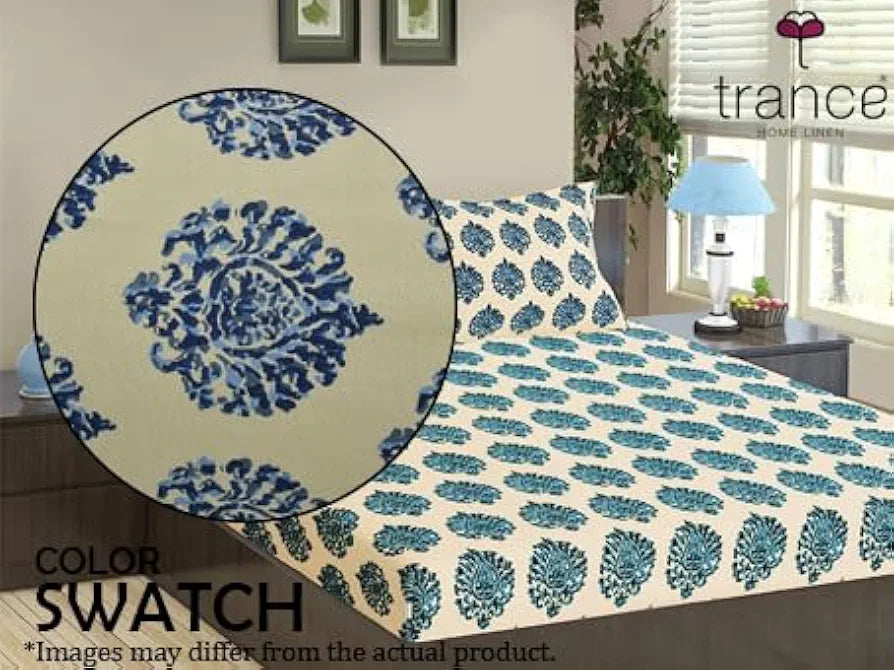 Trance Home Linen 200TC 100% Cotton 78"x36" Single Size Elastic Fitted Bedsheet Printed with 1 Pillow Cover Colour Damask Blue