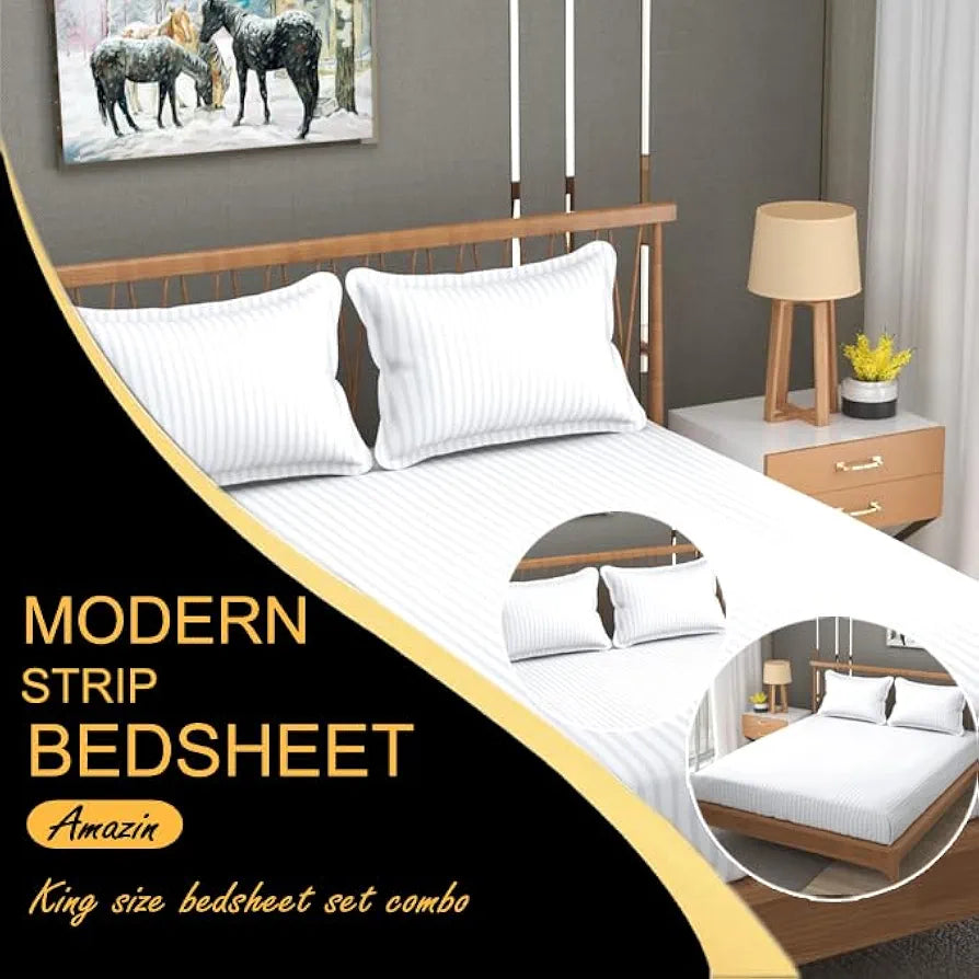 Fresh From Loom 300 TC Soft Skin Safe Breathable Queen Size Flat Striped Bedsheets Double Bedsheet Set with 2 Pillow Covers White