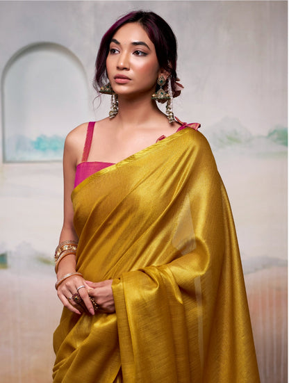 Anaita Yellow Handloom Tissue Silk Self Woven Plain Saree
