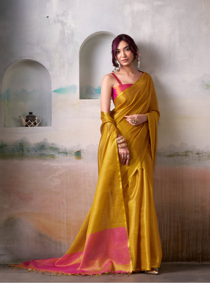 Anaita Yellow Handloom Tissue Silk Self Woven Plain Saree