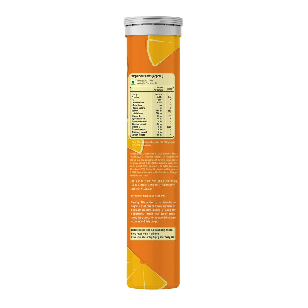 The Vitamin Factory Glutathione Tablets with Vitamin C, E & Hyaluronic Acid | 500mg L-Glutathione for Skin Glow, Hydration & Youthful Skin | Orange Flavor, 15 Tablets (Pack of 1)