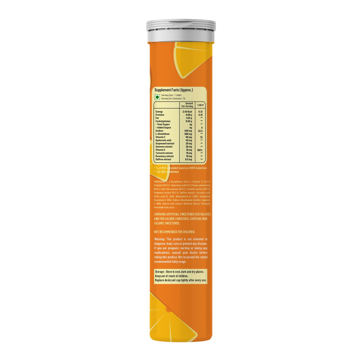 The Vitamin Factory Glutathione Tablets with Vitamin C, E & Hyaluronic Acid | 500mg L-Glutathione for Skin Glow, Hydration & Youthful Skin | Orange Flavor, 15 Tablets (Pack of 1)