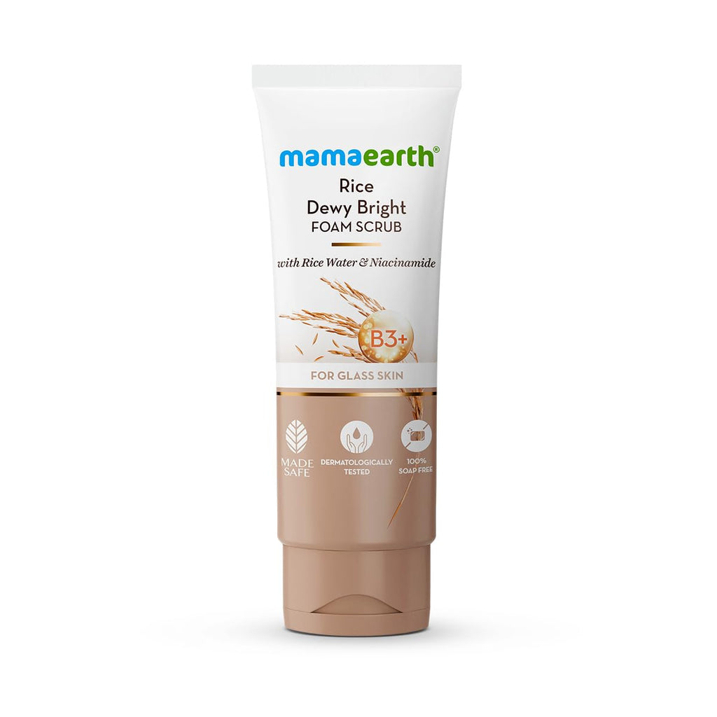 Mamaearth Rice Dewy Bright Foam Scrub with Rice Water & Niacinamide for Glass Skin Glow- 100 g 100 % Soap Free Foam Scrub | Enriched with Rice Water and Niacinamide | Gently Exfoliates to Give Glass Skin Glow | Made Safe Approved