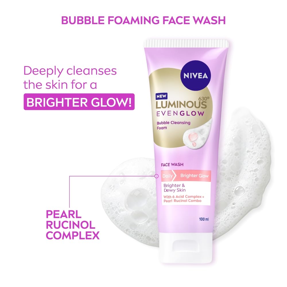 NIVEA Luminous Even Glow Bubble Cleansing Foam Face Wash | For Glowing Skin, Skin Brightening & Refined Pores | Pearl Rucinol + 6 Acid Complex | Makeup Remover | Daily Face Cleanser | 100ml