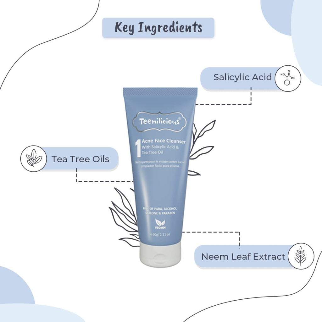 Teenilicious Acne Face Cleanser With 1.5% Salicylic Acid & Tea Tree Oil | Acne Face Cleanser For Men & Women | Face Cleanser For Blackheads & Whiteheads | For Oily Skin To Clear Skin Pores - 60gm