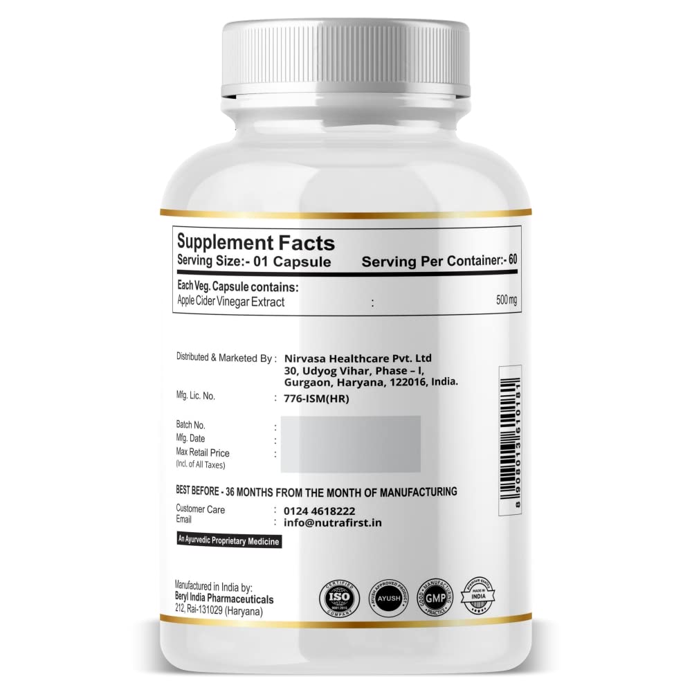 Nutrafirst Apple Cider Vinegar Capsules (500mg) for Weight Management, Skin & Hair Health in Men & Women â€“ 60 Capsules