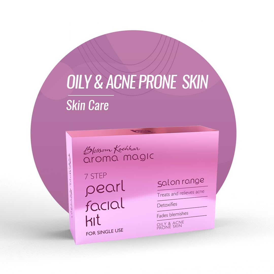 Aroma Magic 7 step Pearl Facial Kit| Anti-Acne, Detox & Lighten blemishes| Pearl Bhasma, Seaweed Extracts| Oily & Acne Prone Skin| Single Use| Pack of 1 (30g + 18ml)