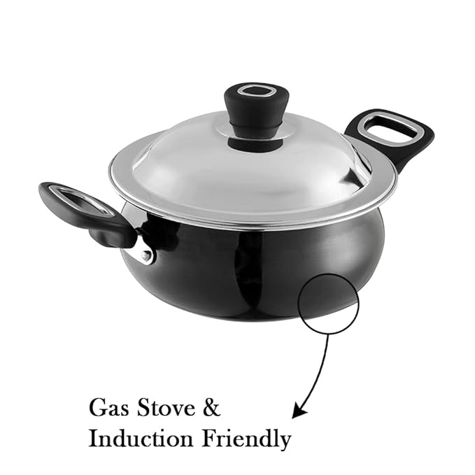 Vinod Hanos Hard Anodised Non Stick Handi with Lid - 3 Litre Junior | 3.25mm Thick | 5X Long Lasting