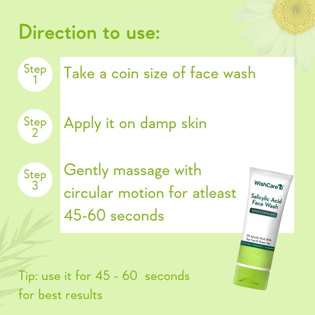 WishCare Salicylic Acid Face Wash For Women & Men | Reduces Acne & Controls Oil | With AHA, Green Tea, Chamomile & Tea Tree | Salicylic Acid Face Wash For Oily Skin & Acne Prone Skin | 100ml