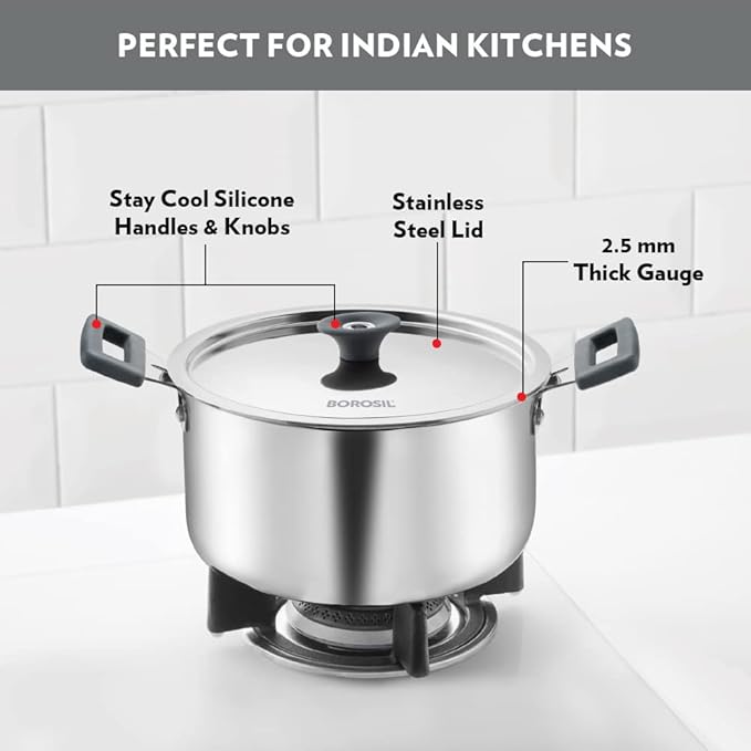 Borosil Cookfresh Tri-ply Stainless Steel Cook & Serve Casserole With Lid | Induction Friendly | 2.2 Litres | 18 Cm