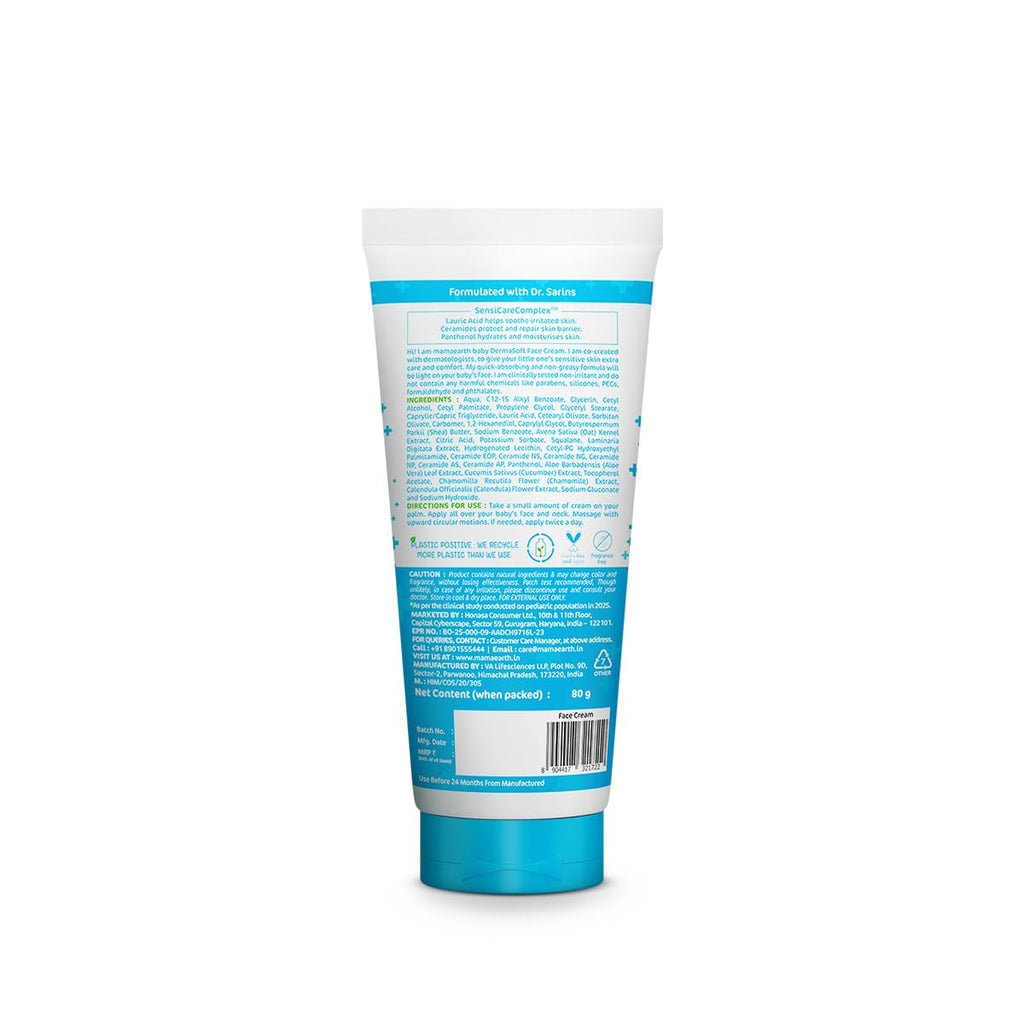 Mamaearth Baby DermaSoft Face Cream with SensiCareComplex™ for Baby's Sensitive Skin - 80gms | Co-created with Dermatologists for Newborns | Enriched with SensiCareComplexTM for Baby's Sensitive Skin | Safe and Non-irritant formula*