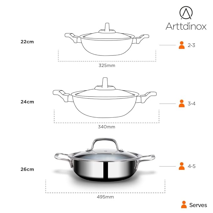 Arttdinox Stellar Triply Stainless Steel Kadhai With Lid | Non Stick Kadai | 24cm | 2.7ltrs | Silver