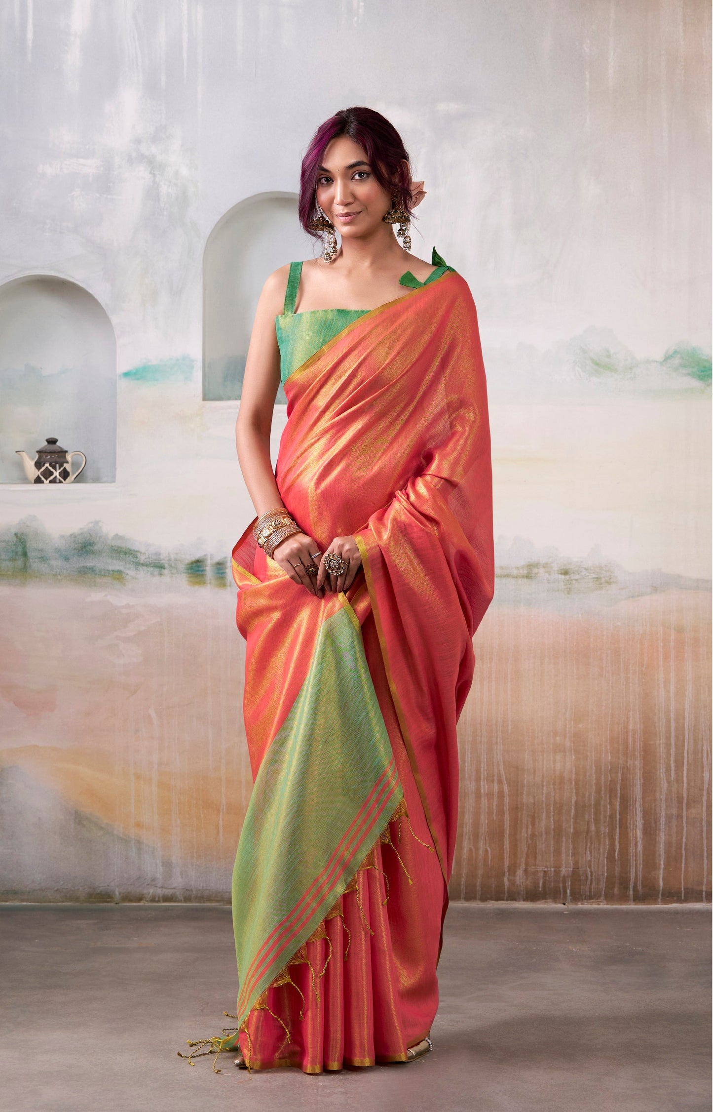 Anaita Red Handloom Tissue Silk Self Woven Plain Saree