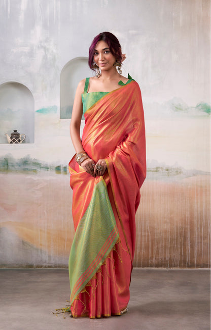 Anaita Red Handloom Tissue Silk Self Woven Plain Saree