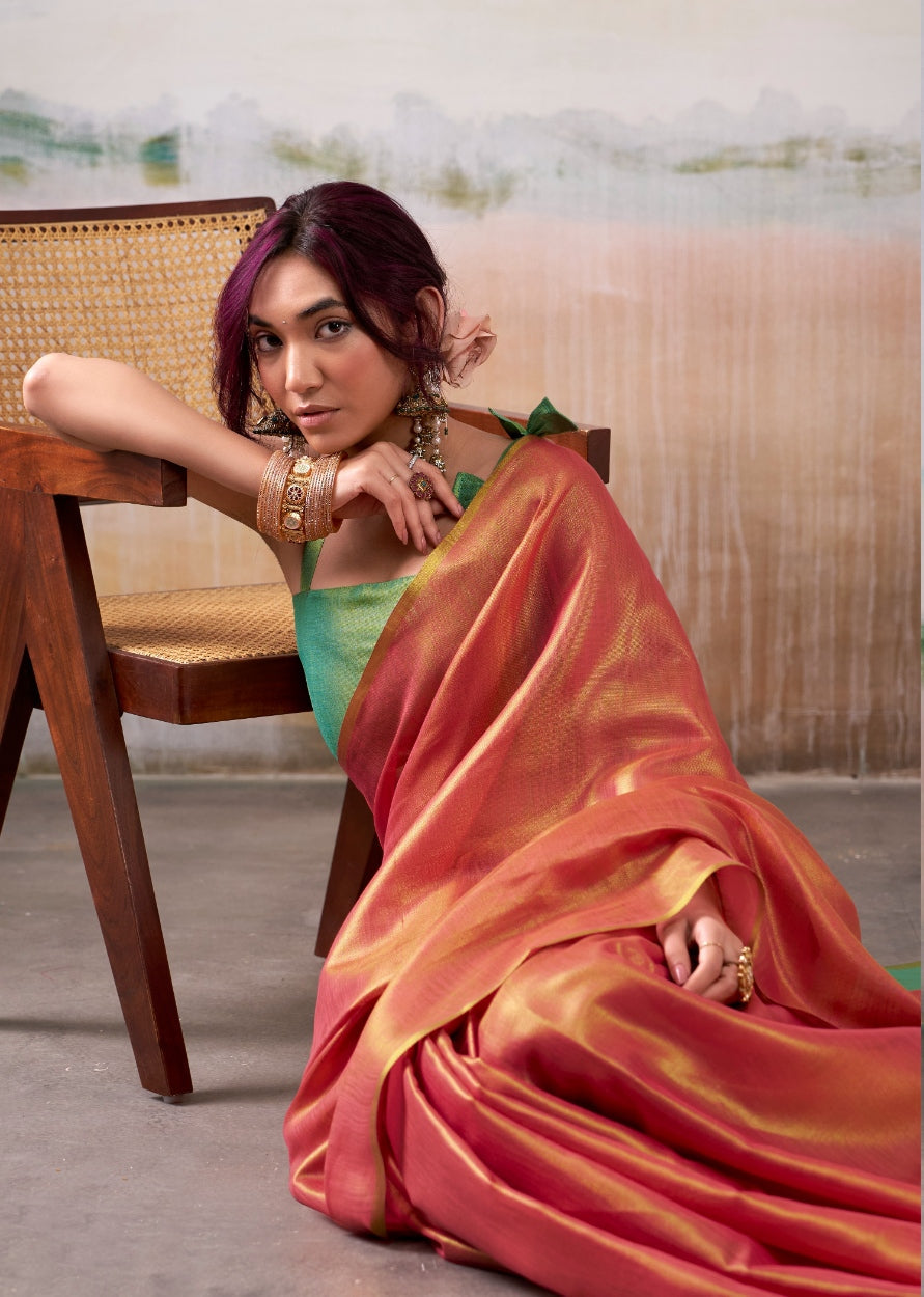Anaita Red Handloom Tissue Silk Self Woven Plain Saree