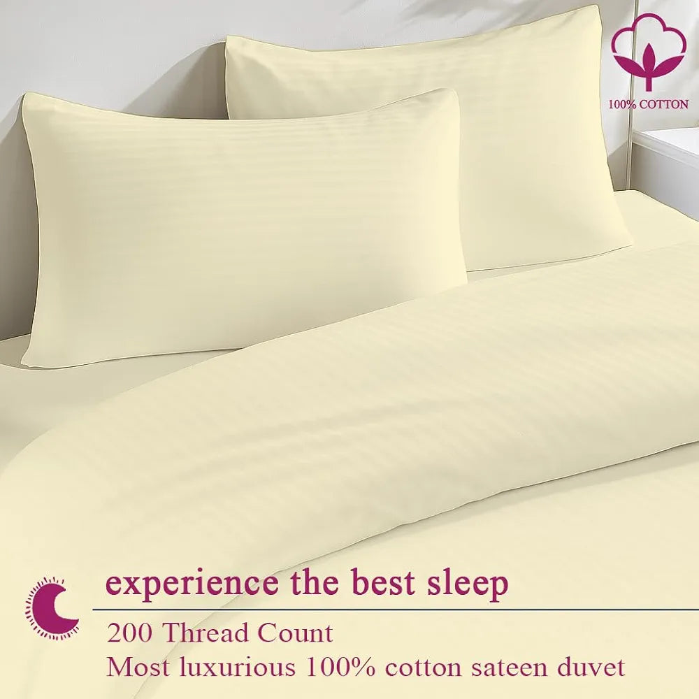 Trance Home Linen Zippered 100% Cotton 200 TC Satin Stripe Queen Duvet Cover Quilt Cover with 2 Pillow CoversIvory Colour Cream