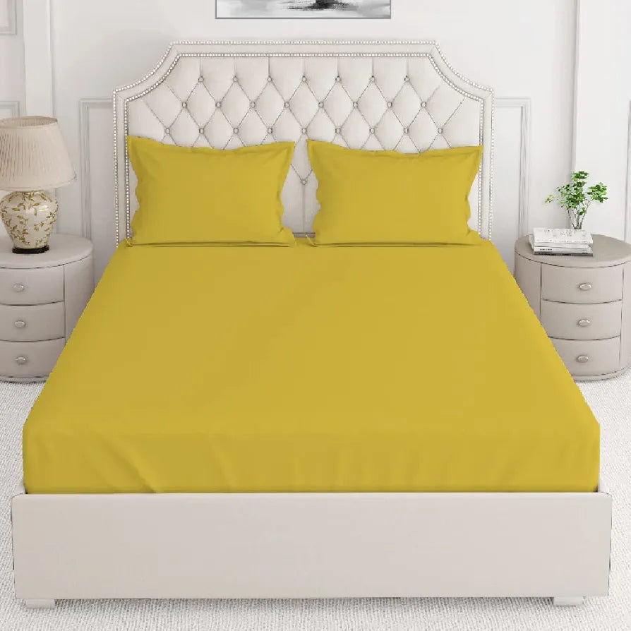 Layers Be Bold Cotton Elastic Fitted King Size Bedsheet for King Size Bed All Season Moisture Absorbent 140 TC Yellow