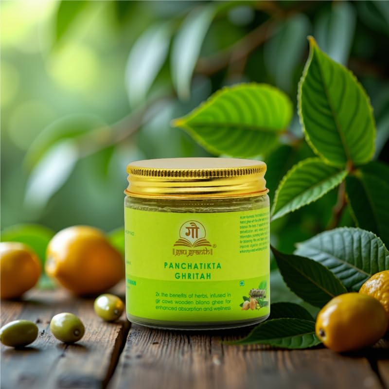 Cow Ved GauGranth PanchaTikta A2 Gir Cow Ghee 100ml | Ayurvedic Herbal Ghee with Neem, Patola, Vasa, Kantakari & Guduchi | Traditional Wooden Bilona Method | Pure A2 Desi Ghee in Glass Jar