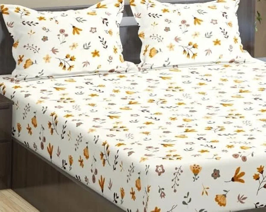 Trance Home Linen 180Tc 100% Cotton Elastic fitted printed Bedsheet with 2 Pillow Covers:78 x 72 inches / 198 x 182 cms / 6.5 x 6 feet Colour Soloce Yellow
