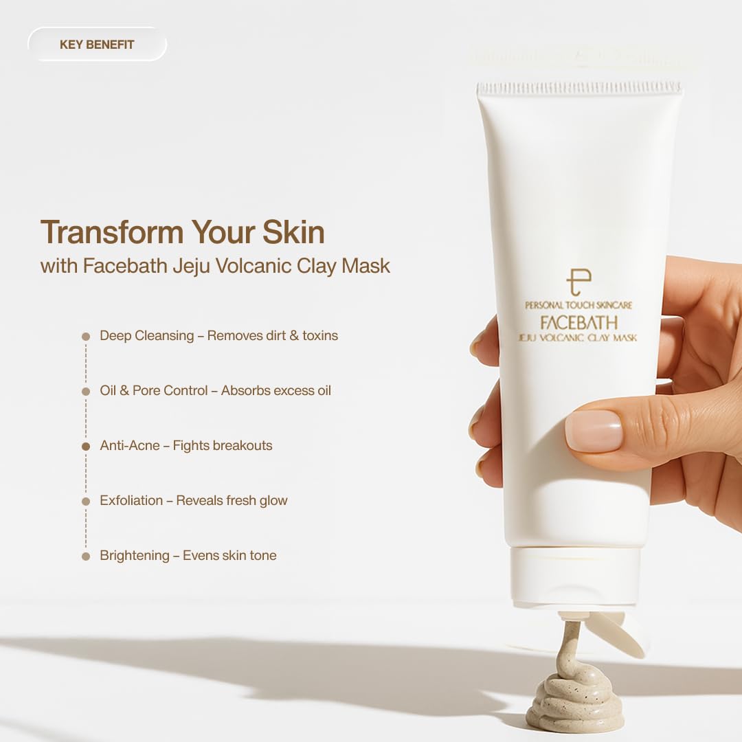 Personal Touch Facebath Jeju Volcanic Clay Mask with Colloidal Oatmeal & Glycolic Acid for Gentle Exfoliation, Skin Detox & Acne Prevention | Oily, Normal & Combination Skin | 75g