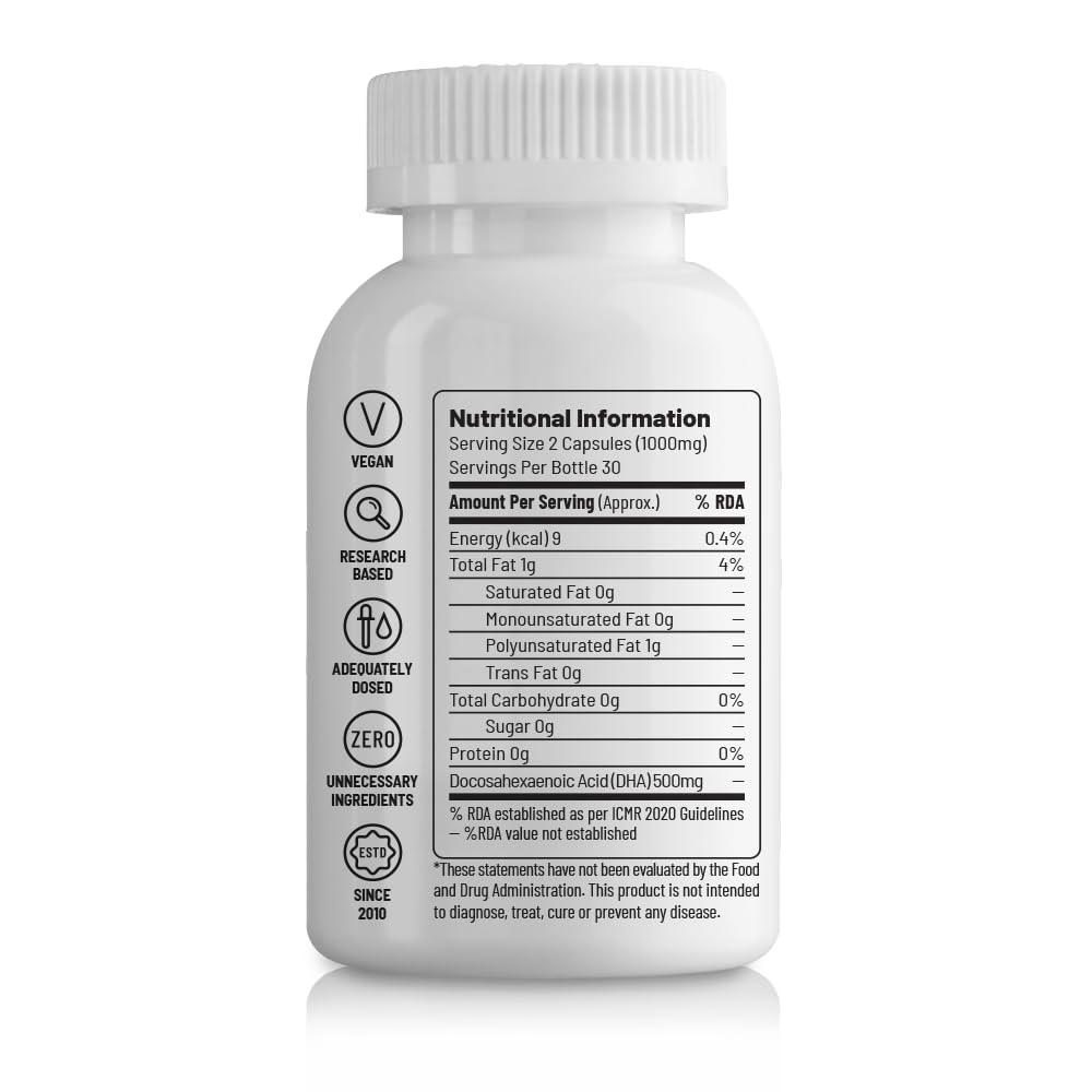Unived Ovegha Vegan Omega-3 DHA | 1000mg Algae Oil 500mg DHA Per Serving (highest DHA/serving) | for Heart, Hair, Skin, Joint, Brain & Eye Health | 60 Vegan Capsules